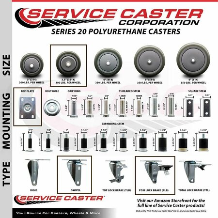 Service Caster 3.5'' Gray Poly Wheel Swivel Top Plate Caster Set with 2 Posi Brakes, 4PK SCC-20S3514-PPUB-2-PLB-2